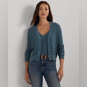 Lauren Ralph Lauren XL Cropped Cotton Blend Cardigan & Top Set Cable Knit Preppy